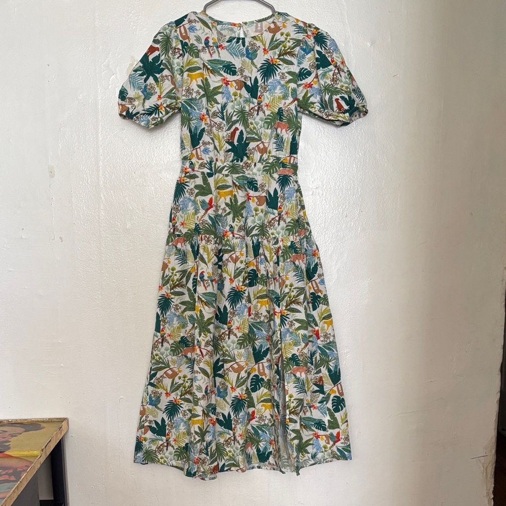 MELLODAY Green and White Tropical Midi Dress